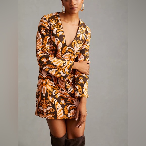 Anthropologie Maeve Paisley Orange Bell-Sleeve Mini Dress - Picture 1 of 10